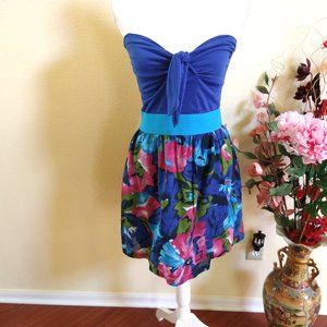 Blue Strapless Floral Summer Dress